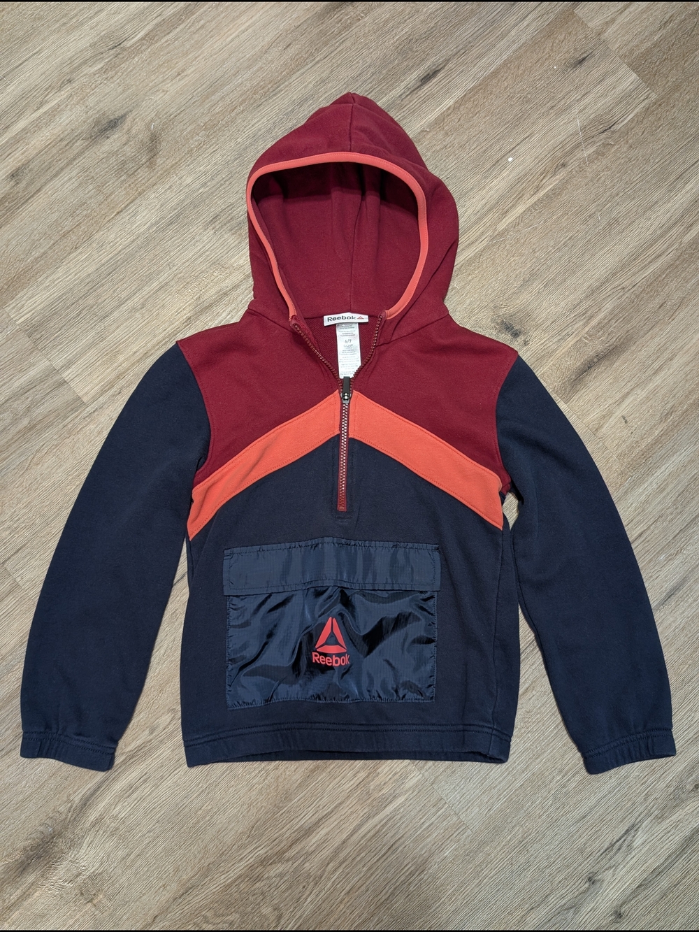 Reebok Kids Navy Burgundy Orange Chevron Half-Zip Hoodie Pouch Pocket SMALL 6/7